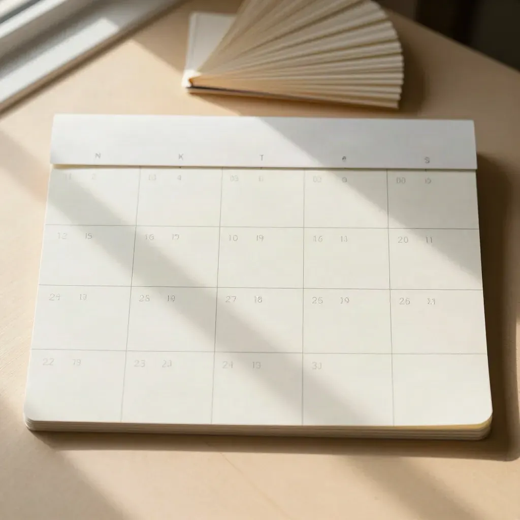 Flat lay of planning cards and color tabs on pale birch under warm window light.