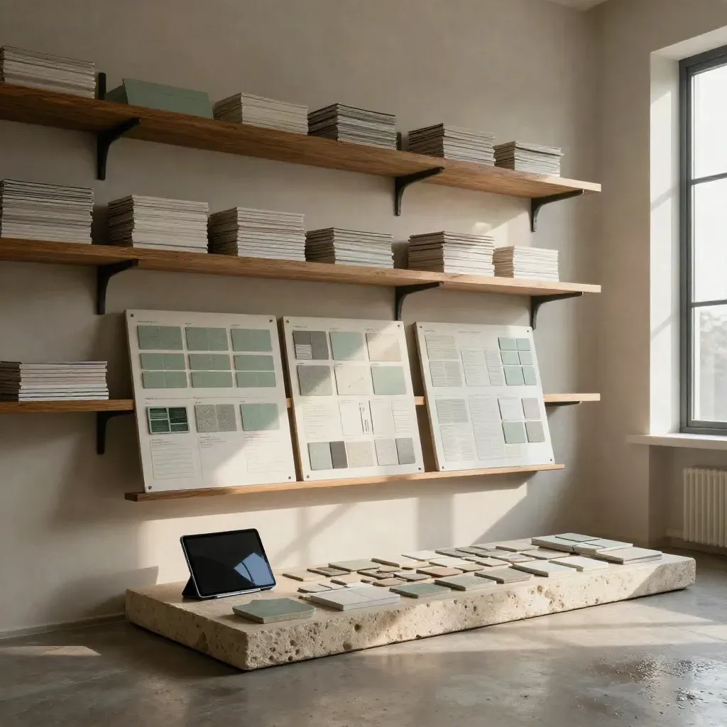 Quiet strategy atelier with oak shelves, audit boards, chips, tablet and stone plinth in moody rain light.