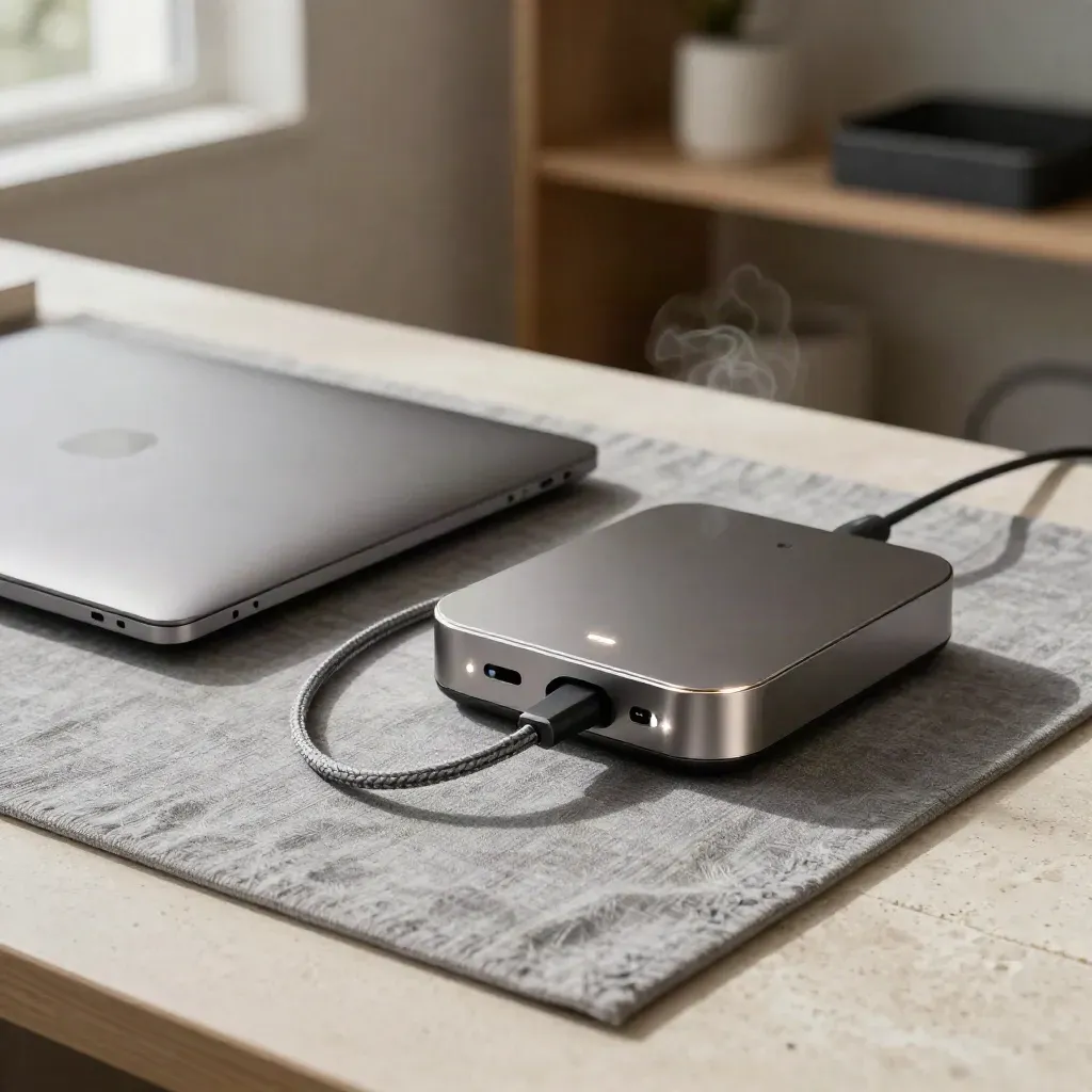 Closed laptop, glowing dock, cable loops and hub on a linen mat in a studio automation corner.