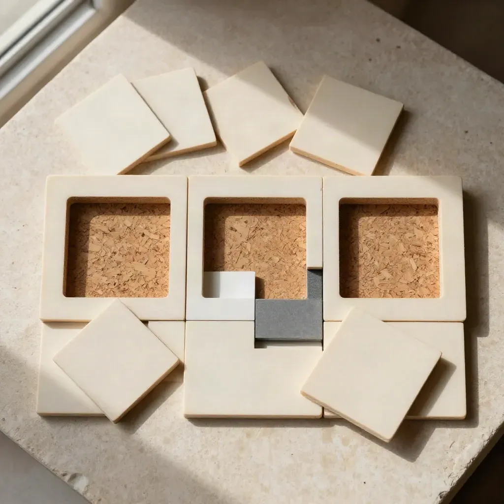 Overhead cork grid with empty slots and ivory audit tiles on pale stone.