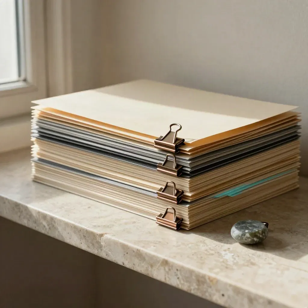 Folders, bronze clips and a scored stone token on a limestone shelf with a cyan edge.