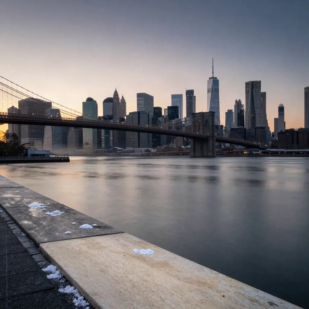 Manhattan skyline above the East River at blue hour from a Brooklyn waterfront