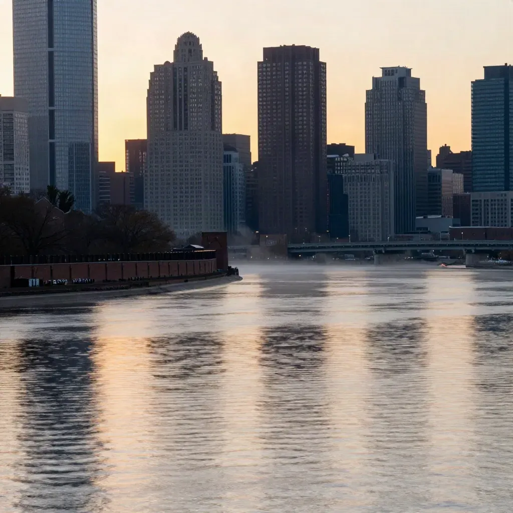 Boston skyline over the Charles River at sunrise with warm mist and bridge silhouette.